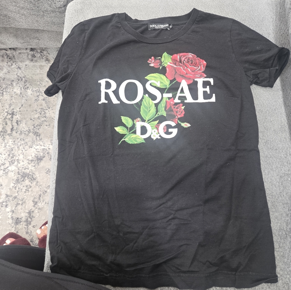 Dolce & Gabbana Black Tee with Red Rose Design